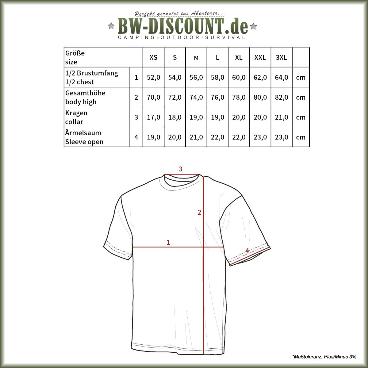 Größentabelle für Bundeswehr T-Shirt schwarz
