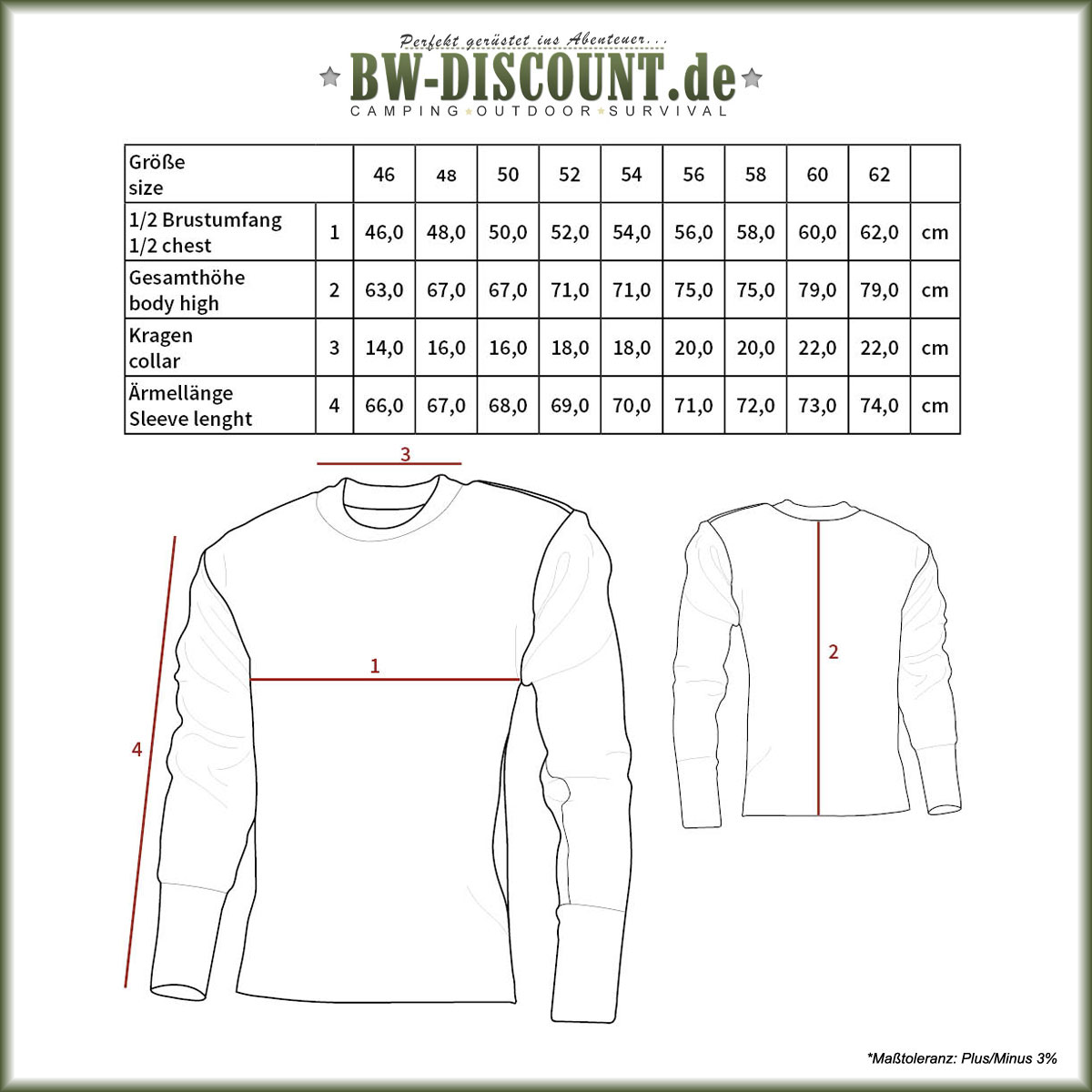 Größentabelle für Bundeswehr Pullover mit Brusttasche